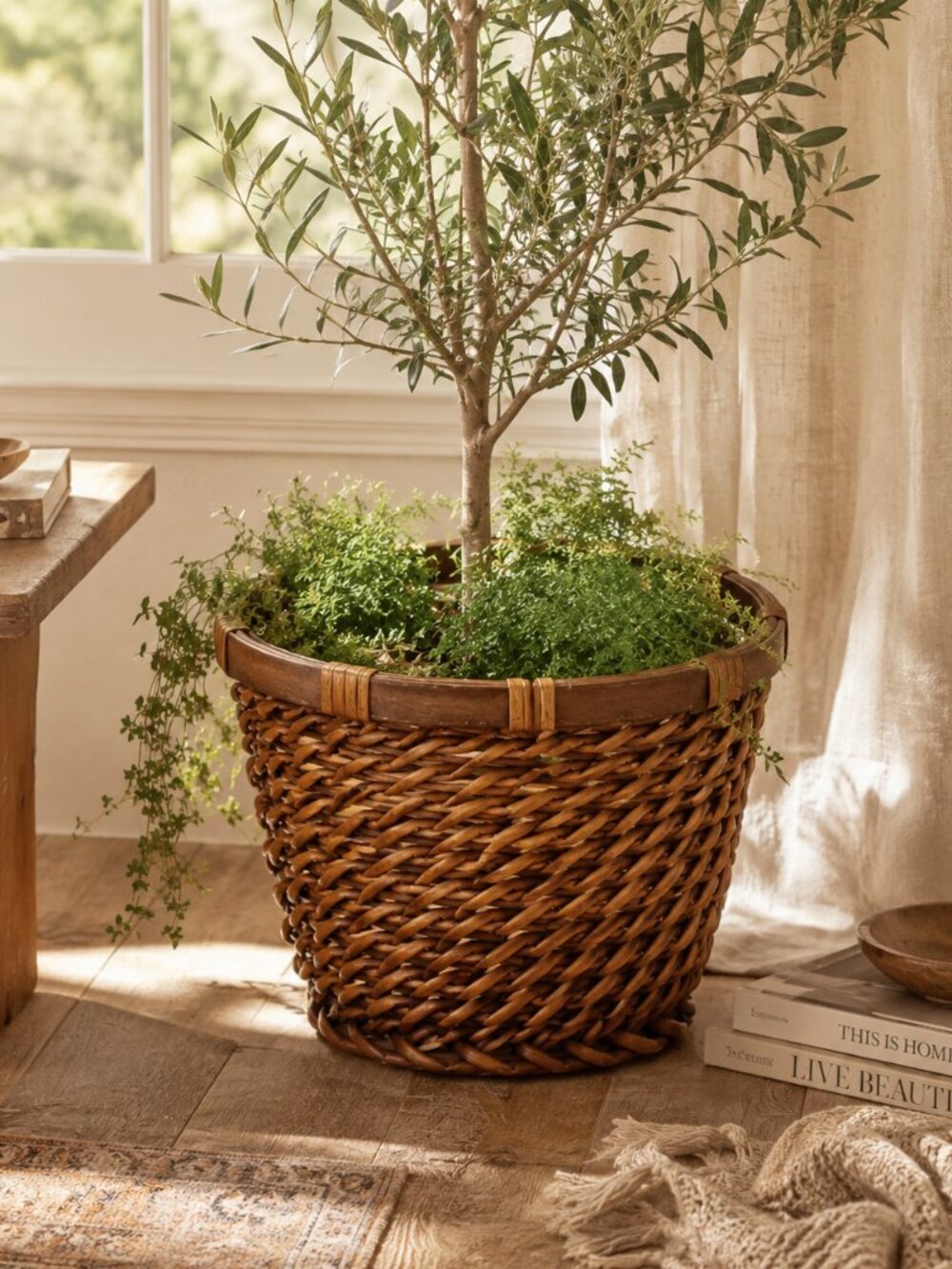 Woven Garden Basket Planter Rustic Brown Boho Cottagecore Home Decor